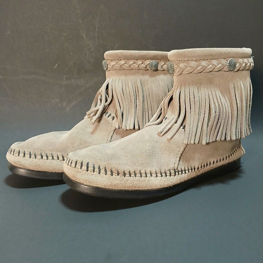 Minnetonka Moccasin Booties w/ Leather Fringe, Size 6, Rear Zip, #291T EUC